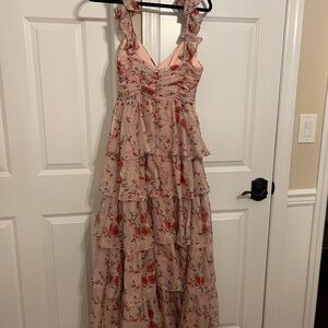 Mac Duggal Pink Floral Layered Maxi Dress